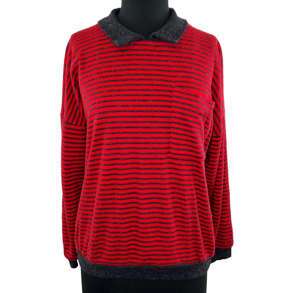 VINTAGE Graff Red Black Striped Long Sleeve Collared Pullover Top M Medium VTG